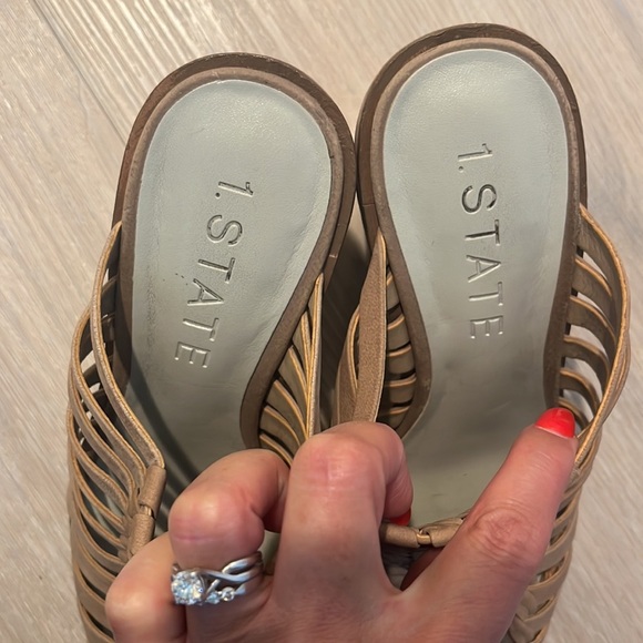 1. STATE size 7.5 Licha Mules Brown beige Woven Leather Slip On Block HEELS - Picture 2 of 8